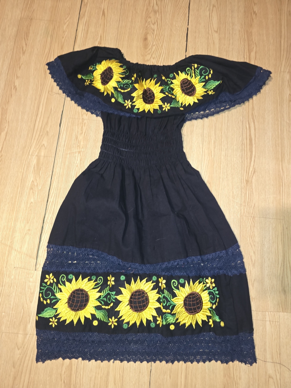 Girls Navy Off-Shoulder Dress with Sunflower Embroidery